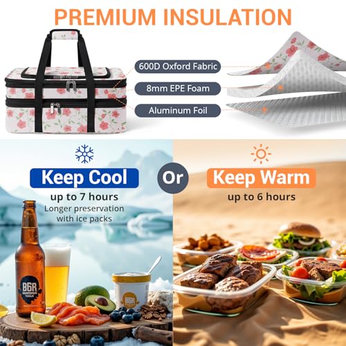 Insulated Double Casserole Carrier - Portable Casserole Carriers for Hot or Cold Food Lunch Tote Warmer or Cooler Bag for Potluck Parties Picnic Cookouts, Fits 9" x 13" Baking Dish - Flower - color: Flower