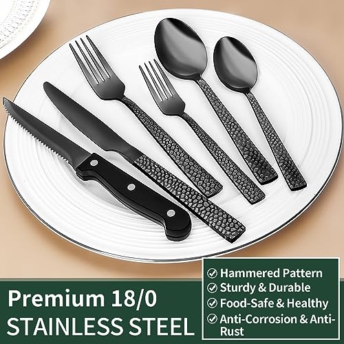 EWFEN 24-Piece Black Silverware Set with Steak Knives, Black Flatware Set for 4, Food-Grade Stainless Steel Tableware Cutlery Set, Mirror Finished Utensil Sets for Home Restaurant, Hammered Edge - style: Hammered Edge