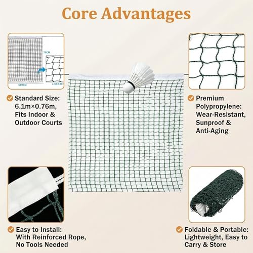 Green Badminton Net with Rope Cable Single-Edged Volleyball Net Outdoor Portable Replacement Net for Beach Backyard Sport Indoor Tennis Training Net Mesh