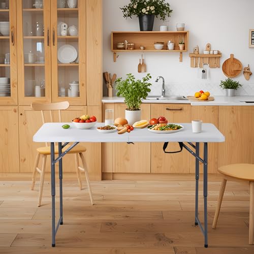 ZenStyle 4 ft Folding Table, 48x24 Inch White Portable Plastic Table, Height Adjustable & Lightweight for Indoor Outdoor Use, Camping, Parties, Events, Dining - size: 48"x24"