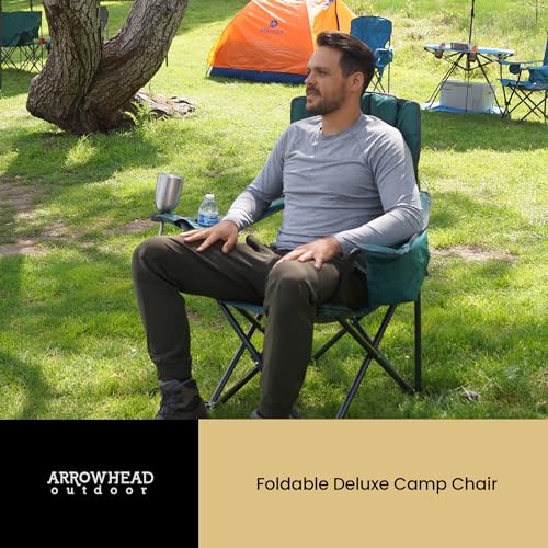 ARROWHEAD OUTDOOR Portable Deluxe Folding Camp Quad Chair w/Headrest, Glass & Cup Holders, Armest 6-can Cooler, Heavy Duty Carry Bag, 550 lbs Weight Capacity