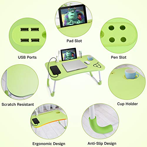 Slendor Lap Desk with Cup Holder, Foldable Laptop Table for Bed, Portable Bed Desk for Laptop and Writing, Computer Tray with Tablet Slot, Notebook Stand Reading Holder for Couch Sofa Floor,Green - color: Green