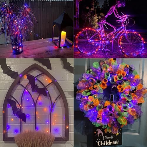 YEGUO Orange and Purple Halloween Lights Outdoor Waterproof, 4 Packs Each 33ft 100 LED Solar Fairy Light,8 Modes Black Wire String Lights - color: Orange and Purple