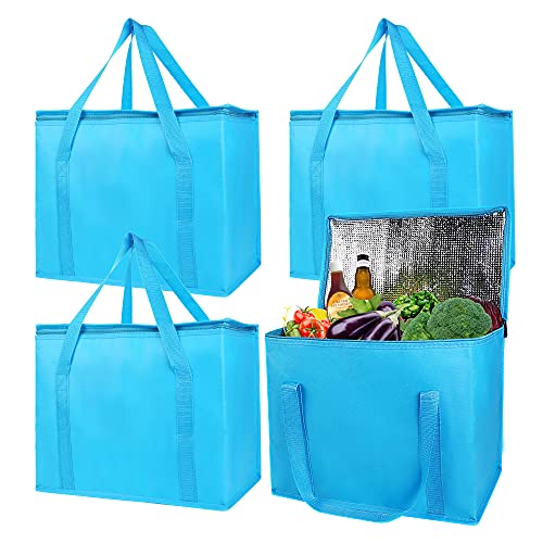 musbus 4-Pack, Large Insulated Grocery shopping bag, Blue, reusable bags,zipper,Collapsible,tote,cooler,for men women,for instacart,leakproof,soft,Recycled Materia - color: Blue, size: X-Large（16W x 12.5H x 9D）