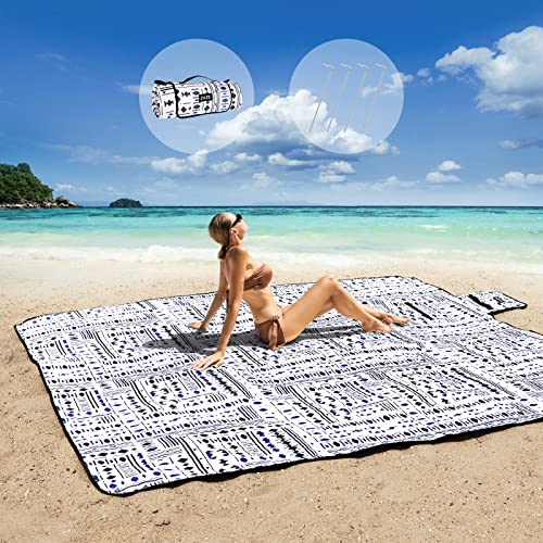 ZAZE Picnic Blankets Beach Blanket with Stakes, Thick 3-Layer Waterproof Sandproof 80 * 80 Oversized Mat, Foldable Extra Large Big, Machine Washable Accessories for Outdoor Camping Park (Black Blue) - color: Black Blue With Stake