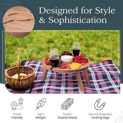 Portable Wine Picnic Table with 4 Wine Glasses Holder, Acacia Natural Wood Foldable Champagne Picnic Snack Table Tray, Perfect for Beach, Camping, Park, Concerts - Ideal Wine Gift for Men & Women