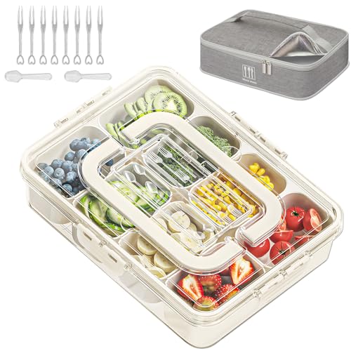 Snack Box Container with Insulated Cooler Bag, Divided Serving Tray with Lid and Handle Beach Essentials, Snackle Box Veggie Fruit Tray with 8 Compartments & 8 Forks & 2 Spoon - size: Medium