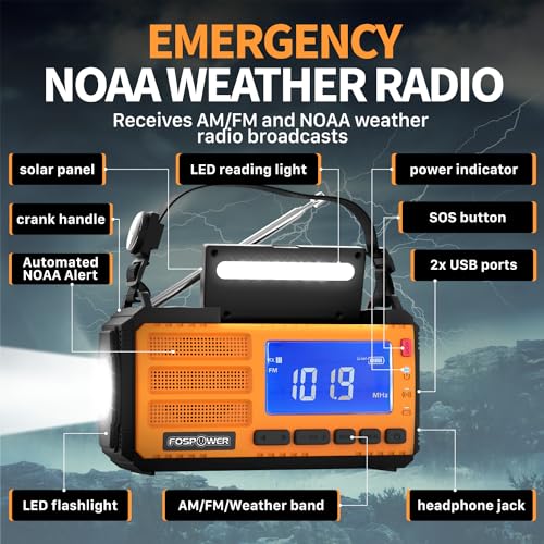 FosPower NOAA Emergency Weather Radio D8 37000mWh Portable Power Bank, AM/FM, USB/Solar/Hand Crank Charging, SOS Alarm & Flashlight for Indoor/Outdoor Emergency - Orange - color: 08 - Model D8 - Orange