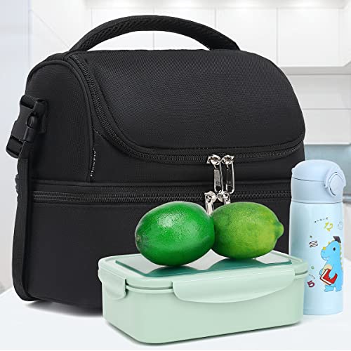 FlowFly Double Decker Cooler Insulated Lunch Bag Large Tote for Boys, Girls, Men, Women, With Adjustable Strap,Black - color: Black