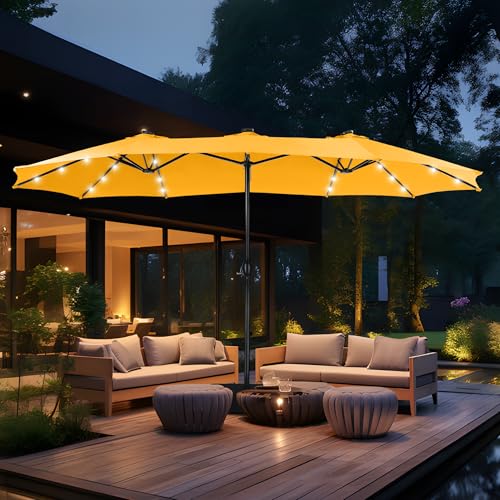 MFSTUDIO 15ft Double Sided Patio Umbrella with Solar Lights, Outdoor Large Umbrellas with Crank Handle and 36 LED Lights, Rectangular Market Umbrella with Base Included for Deck Pool, Gold Yellow - color: Gold Yellow