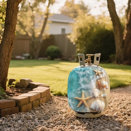 Propane Tank Covers 20lb Starfish Outdoor Heavy Duty Waterproof Windproof Blue Gas Tank Cylinder Cover with Elastic Brand Dress up Your Gas Grill, Fits Standard 20lb Cylinder - color: Starfish Blue