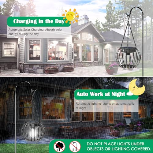 Solar Powered Lights Outdoor Waterproof Hanging Lights for Outside 15" Metal Solar Lanterns Decorative Outdoor Garden Yard Patio Pathway Decor 2 Pack,Cool White