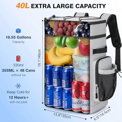 Insulated Cooler Backpack, 40L Leakproof Backpack with Double Compartments for Men & Women, Large Lunch Cooler for Camping, Beach, Travel, Picnic, Up to 48 Cans - color: Gray