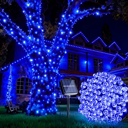 Joomer Solar Christmas String Lights, 39FT 100LED Waterproof Outdoor Lights with 8 Modes Twinkle Fairy Light for Garden, Patio, Yard, Tree and Christmas Decor (Blue) - color: Blue