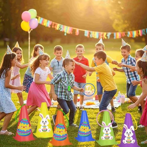 Cinrobiye 62 Pcs Easter Outdoor Games Set, Lawn Field Day Party Games with Potato Sack Race, Egg and Spoon, Three Legged Race, Ring Toss, Bean Bags for Easter Spring Carnival Yard Activities