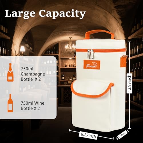 Tirrinia 2 Bottle Wine Gift Tote Carrier - Leakproof & Insulated with large pockets Wine Cooler Bag for Travel, Wine Tasting, Party, Dinner, Great Gift for Wine Lover,White Orange - color: White Orange, size: 2 Bottle-with front pocket