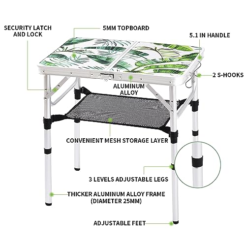 Folding Camping Table 2ft Portable Pinic Table Adjustable Height Small Card Table Aluminum Foldable Lightweight with Carry Handle for Outdoor Indoor Hiking Camp BBQ Beach (Monstera Palm Leaves) - color: Monstera Palm Leaves, size: 24"l X 16"w X 24"h