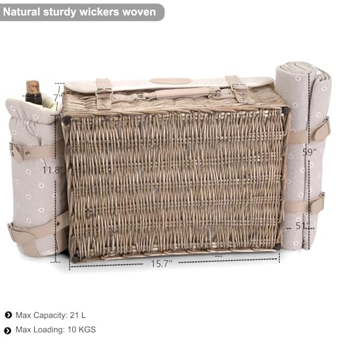 Multifunctional Wicker Picnic Basket Set for 2 with Blanket and Picnic Table, Insulated Picnic Set with Full Tablewares for Camping Outdoor Couples, Flowers - color: Flowers With Blanket &Table for 2