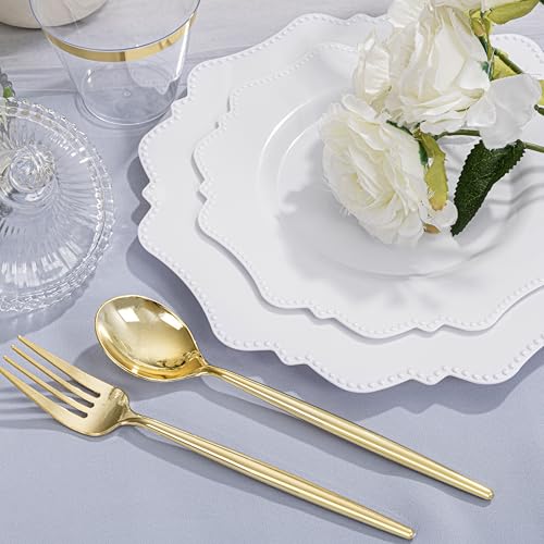 COLOSUS 350pcs White Plastic Plates Disposable Gold Cutlery Dinnerware set for party: 50 Dinner Plate, 50 Dessert Plate, 50 Per Rolled Napkins with Gold Silverware, 50 Cups 9 OZ for New Year - color: White
