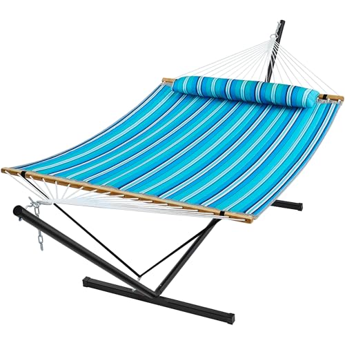 SUPERJARE Hammock with Stand, 2 Person Quilted Outdoor Hammock, Detachable Pillow & Bamboo Spreaders, Portable Hammock with Carrying Bag, Heavy Duty Stand, Perfect for Outside, Patio, Aqua Blue - color: Aqua Blue, size: 55.1"W × 74.8''D × 43.3''H
