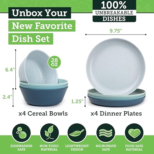 Grow Forward Premium Wheat Straw Plates and Bowls Sets - 8-Piece Wheat Straw Dinnerware Sets - Unbreakable & Reusable Microwave Safe Plastic Dinner Plates for Outdoors, RV, Camping Dishes - Seascape - color: Seascape