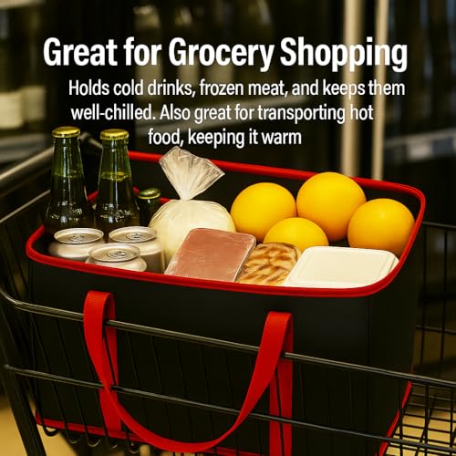 musbus 2 Pack Jumbo Chillout Thermal Tote, Foldable Insulated & Reusable Food Delivery Bag for Groceries, Potlucks, Sundries & More Cooler Bag Insulated Grocery Bags Large Freezer Shopping - color: Black_red, size: X-large（16w X 12.5h X 9d）
