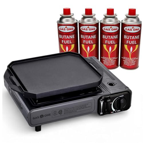 GasOne GS-1000G-KIT Butane Gas Stove with Flat Top Griddle Included – Butane Grill Tent Stove Burners for Cooking for Camping, Kitchen – Diecast Aluminum with Non Stick Coating (Stove + 4 Fuel) - color: Gray Stove with Fuel