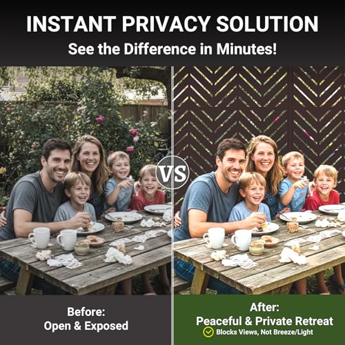 Metal Privacy Screen Outdoor – 6FT Freestanding Decorative Steel Panel with Stand, Laser-Cut Chevron Pattern Modern Privacy Divider, Rustproof & Weather-Resistant Screen for Patio, Garden & Backyard - color: Black & Chevron Pattern