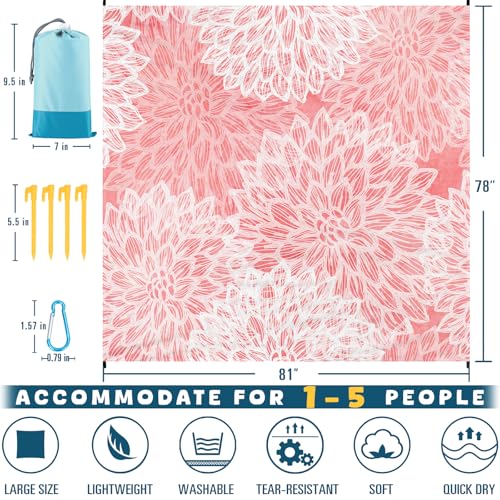 Beach Blanket Waterproof Sandproof Oversized 78''×81'' Suits 1-5 Adults Lightweight Large Picnic Mat Sand-Free Beach Blanket for Travel Camping Hiking Picnic - color: Pink Flower, size: 78''x81''