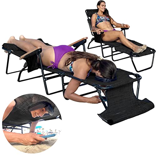 EASYGO PRODUCTS FLIP Face Down Tanning Chaise Lounge Chair with Face & Arm Holes - 4 Legs Support - Textilene Material - 6 Position - Arm Head Rest Pillow - Beach or Home Use - color: Flip Black
