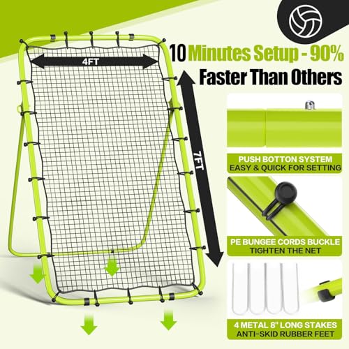 Volleyball Rebounder Net 7x4 Ft, 5-Angle Adjustable Rebounder Net for Practicing Digging, Setting, Spiking, Bounce Back Training Equipment with 2 Target Stripes & Portable Travel Bag for Storage - color: NET101-Green