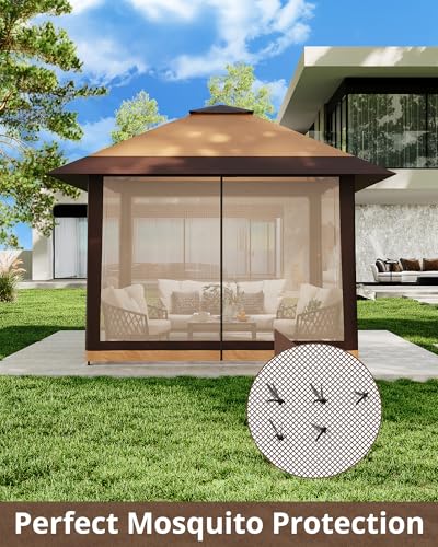 13x13FT Pop-Up Gazebo Canopy Tent - Double Roof, Mosquito Netting, Adjustable Height, UV-Resistant, Heavy Duty, Waterproof, Portable for Patio, Garden, Camping, Party - Khaki + Light Khaki - color: Khaki + Light Khaki