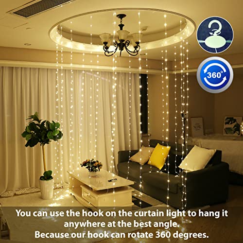 HXWEIYE 300LED Fairy Curtain Lights, 9.8x9.8Ft USB Plug-in 8 Modes Christmas String Hanging Lights with Remote for Bedroom Backdrop Wedding Indoor Wall Decor, Warm White, Tangle-Free – 1 Pack - color: Warm White, size: Regular