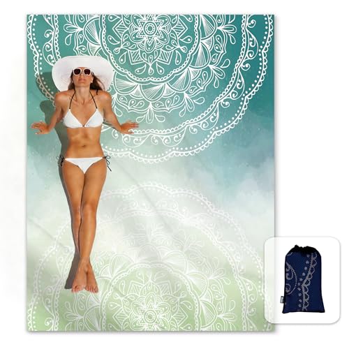 Sunlit Silky Soft Sand Proof Beach Blanket 106"x81" / 85"x72" Sand Proof Mat with Corner Pockets and Mesh Bag for Beach Party, Travel, Camping and Outdoor Music Festival, Mandala - color: Tiffany Green, size: 85"x72"