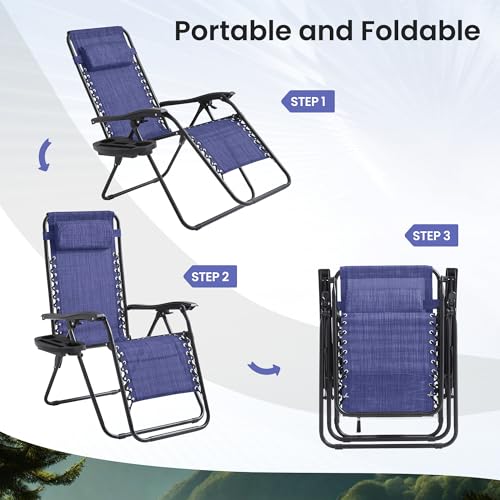 Zero Gravity Chair Set of 2 Oversized Folding Recliner, Padded Anti Gravity Lounge Chair with Adjustable Pillow & Cup Holder for Outdoor Camping, Patio, Poolside, Lawn (Blue) - color: Blue, size: 2 Pcs