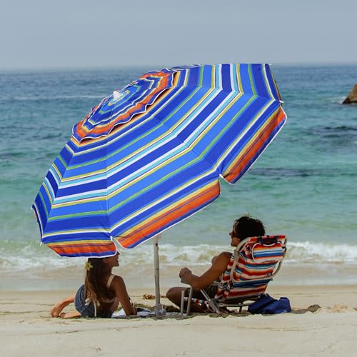 AMMSUN 8 Feet Large Beach Umbrella with Sand Anchor Heavy Duty High Wind Portable Outdoor Umbrellas UV 50+ Protection Air Vent Tilt Patio Garden Pool - color: Red Blue Stripes