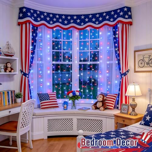 JMEXSUSS 300LED Red White and Blue Lights with Remote, 4th of July Lights Plug in, Patriots Curtain Hanging String Lights for Bedroom Wall Window Backdrop Indoor Outdoor 4th of July Decor, 9.8x9.8ft - color: Red White and Blue, size: 300 LED