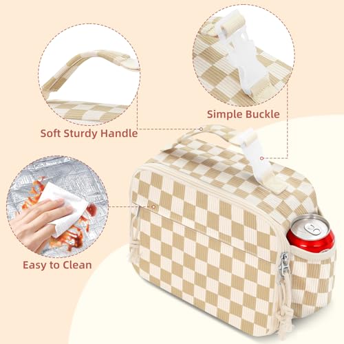 Insulated Lunch Bag for Girls & Boys, Kids & Teens – Cute Checkered Lunch Box with Side Pockets, Buckle Handle for Backpack Hanging, Lightweight Waterproof Lunchbox for School, Teens, Women & Man ﻿ - color: Checkered Beige Brown-Kid