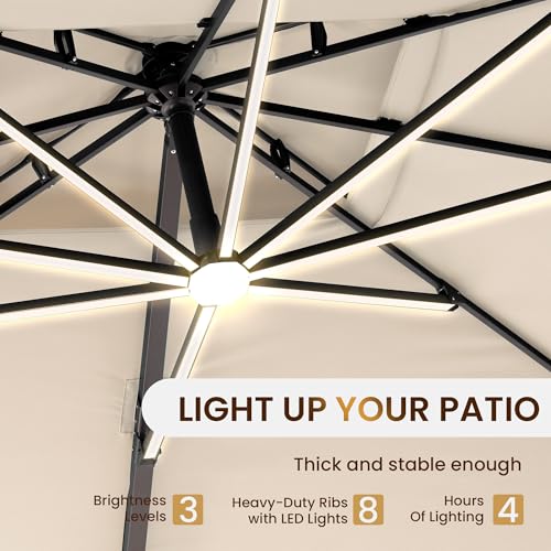 10 X 13 FT Cantilever Patio Umbrella with LED Lights Outdoor Heavy Duty Double Top Windproof Rectangle Offset Umbrellas with 360-degree Rotation for Pool Deck Backyard, Beige - color: Beige, size: 10' X13'-Weighted Base Not Included