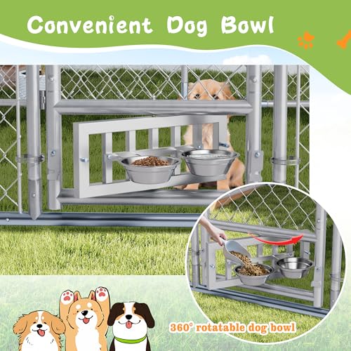 Grepatio Outside Dog Kennel with 2 Rotating Feeder Bowls, 10'x10' Outdoor Dog Kennel with Waterproof, Dog Enclosure for Large Dogs, Dogs Kennels Run Dog Playpen Fence with Secure Lock (10x10 FT) - size: 10x10 FT