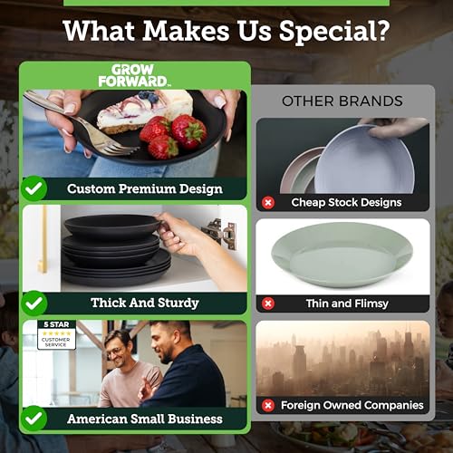 Grow Forward 16-piece Premium Wheat Straw Dinnerware Sets for 4 - Unbreakable Dishwasher & Microwave Safe Plastic Plates and Bowls Sets - Patio, Outdoors, RV, Camping Dishes - Midnight - color: Midnight Black