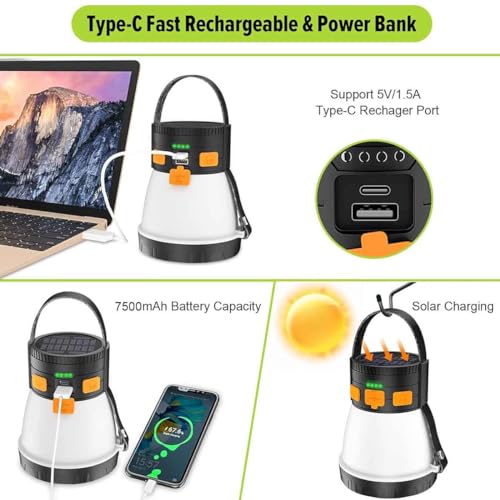 LED Camping Lantern, 1500 Lumens Spotlight Flashlight Rechargeable with Solar Panel Charging, Waterproof Spot Light, 8 Light Modes, 7500mAh, Camping Flashlight for Emergency, Orange&Brown - size: Orange&Brown