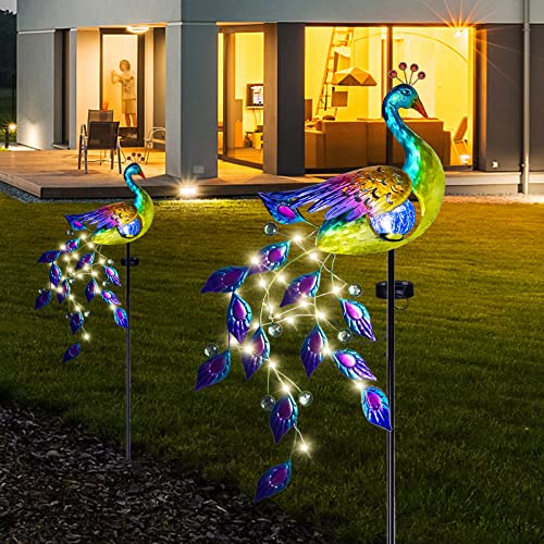 DREAMSOUL Solar Garden Lights Outdoor, Metal Peacock Decor Solar Lights Garden Stakes with Led String Lights, Waterproof Crackle Glass Ball Landscape Path Light for Lawn Patio - color: Multi-colored