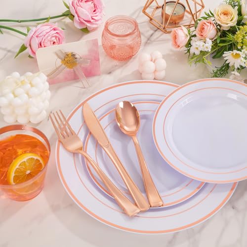 WELLIFE 150 PCS Rose Gold Disposable Dinnerware Set for 25 Guests, Valentine's Day Plate, 25 Dinner & Salad Plates, Cups, Forks Knives Spoons for Wedding Reception and Mothers Day Plates - color: Rose Gold, size: 25 Guests