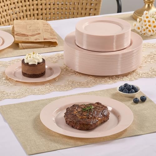 Fijinhom 100PCS Pink Disposable Plates for 50 Guests Including 50PCS 10" Dinner Plates & 50PCS 7" Dessert Plates, Pink - color: Pink, size: 50 Guests-100pcs