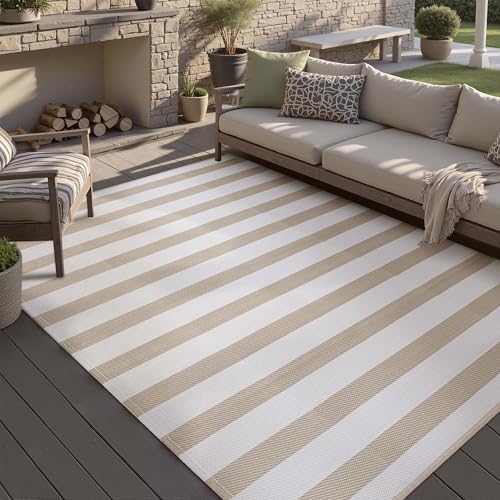 PureCozy Outdoor Waterproof Patio Rug 6x9 Plastic Straw Reversible Lightweight Outside Beige Striped Large Carpet Outdoor for Camping RV Porch Deck Balcony Beach - color: Stripe | Beige, size: 6' x 9' (Rectangular)