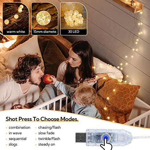 Globe String Lights,10FT 30 LED Decorative Christmas Lights,8 Modes Crystal Crackle Ball Lights,USB Twinkle Fairy Lights for Bedroom,Indoor,Outdoor,Classroom,Wedding,Party,Garden,Warm White - color: Warm White, size: 30LED