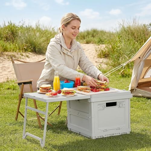 2 in 1 Foldable Camping Storage Box with Extendable Table, 26L Collapsible Plastic Storage Bin with Handle, Stackable Waterproof Storage Crate for Camping Picnic Outdoor RV Home Organization