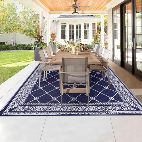 Outdoor Rug 10'x14' for Patios Waterproof Patio Rugs Outdoor Mats for Front Porch,Beach Mat,Reversible Plastic Straw Camping Rugs for Outside RV,Deck,Balcony,Backyard Navy Blue - color: Classic Blue, size: 10' x 14' (Rectangular)