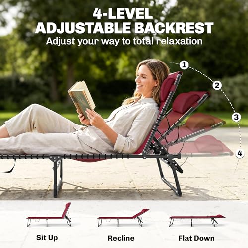 Outsunny Folding Chaise Lounge Chair, Patio Sun Tanning Chair, Outdoor Chaise Lounger with 4-Position Reclining Back, Breathable Mesh Seat for Beach, Poolside, Yard, Wine Red - color: Wine Red, size: 1 Pack